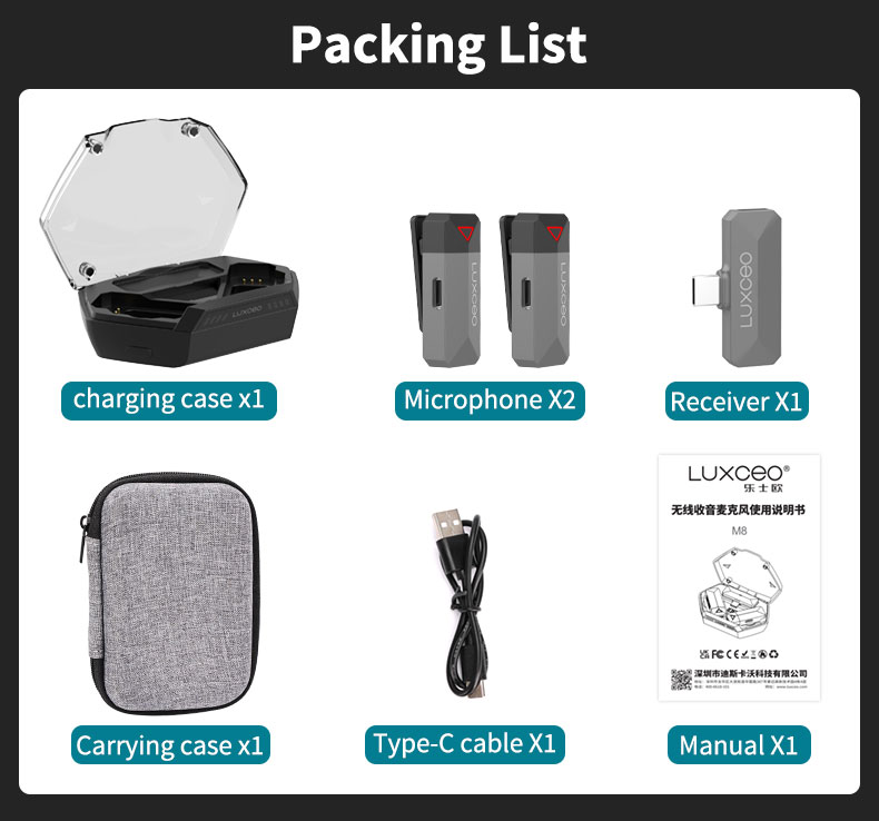LUXCEO M8 Wireless Lavalier Microphone packing list: Charging case, two microphones, receiver, carrying case, Type-C cable, and manual.