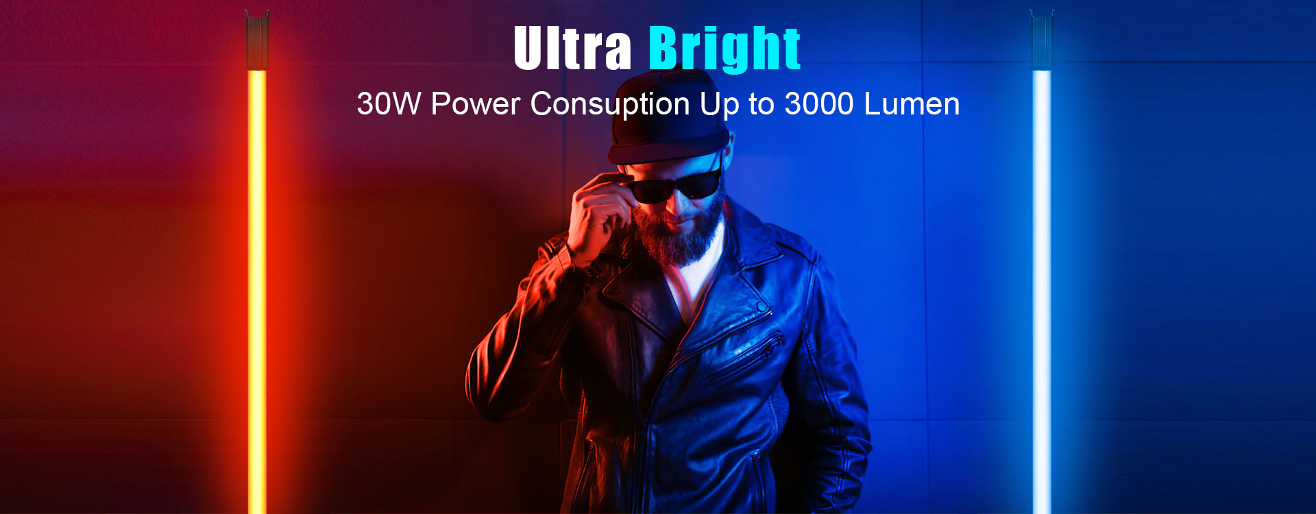 LUXCEO P120S RGB full color video light features its ultra-bright output of 30W Power Consumption and up to 3000 Lumens, as displayed on the face of a man.