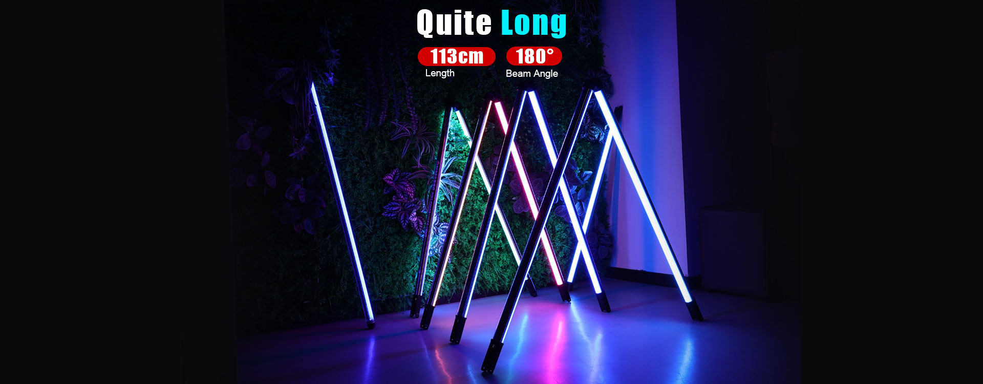 LUXCEO P120S RGB full color video light is 113cm length and 180-degree beam angle.