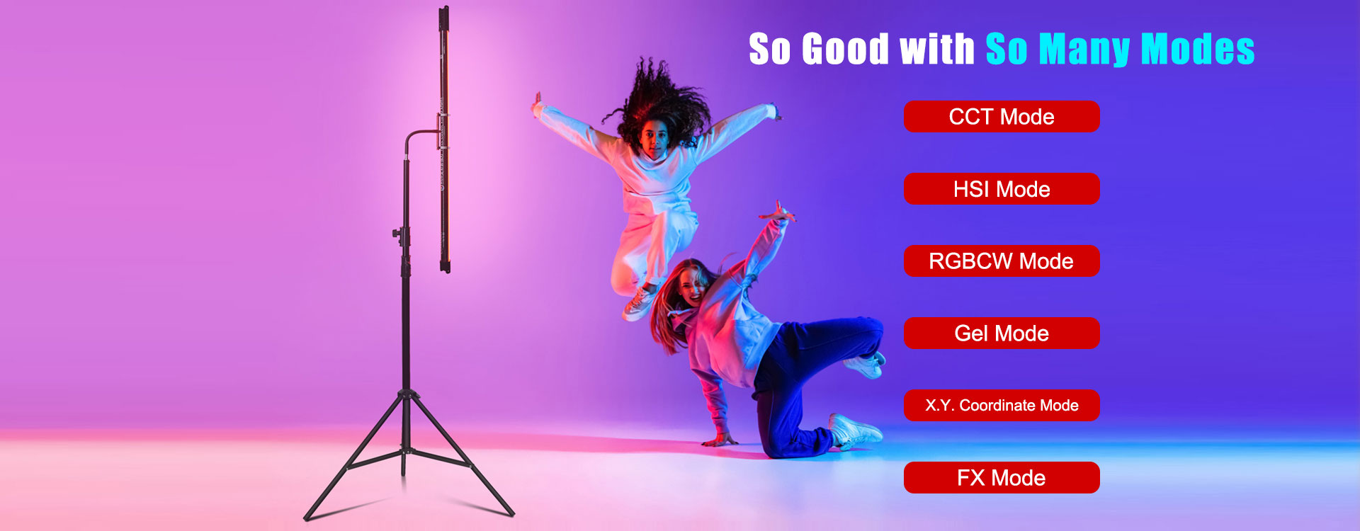 LUXCEO P120S RGB full color video light features multiple modes for creative and versatile lighting, including CCT, HSI, RGBCW, Gel, X.Y Coordinate, and FX modes.