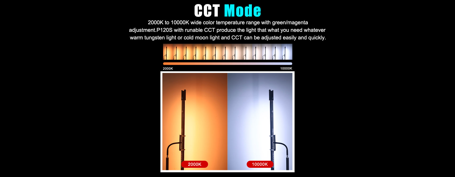 LUXCEO P120S RGB full color video light in CCT mode with tunable adjustments. Displayed, is warm tungsten and cold moon light to produce any light.