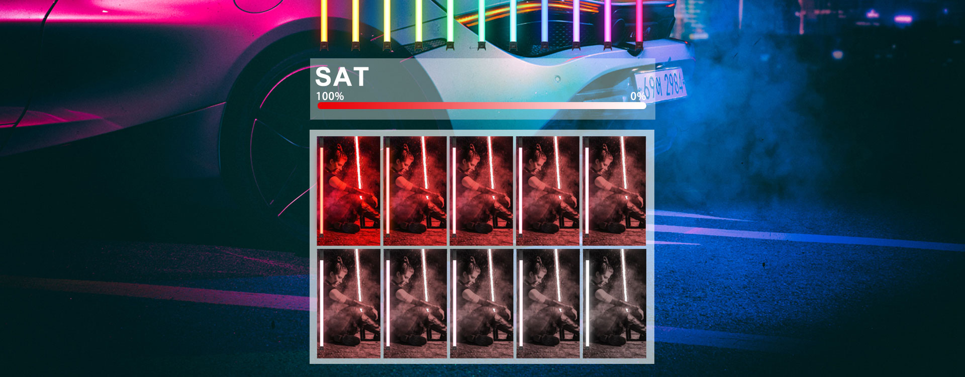 LUXCEO P120S RGB full color video light in SAT mode, shown on an actress at different saturation levels (0-100%).