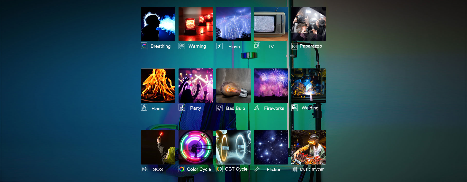 LUXCEO P120S RGB Full Color Video Light shows multiple FX effects, including breathing, warning, flash, TV, paparazzi, flame, party, bad bulb, fireworks, welding, SOS, color cycle, CCT cycle, flicker, and music rhythm.