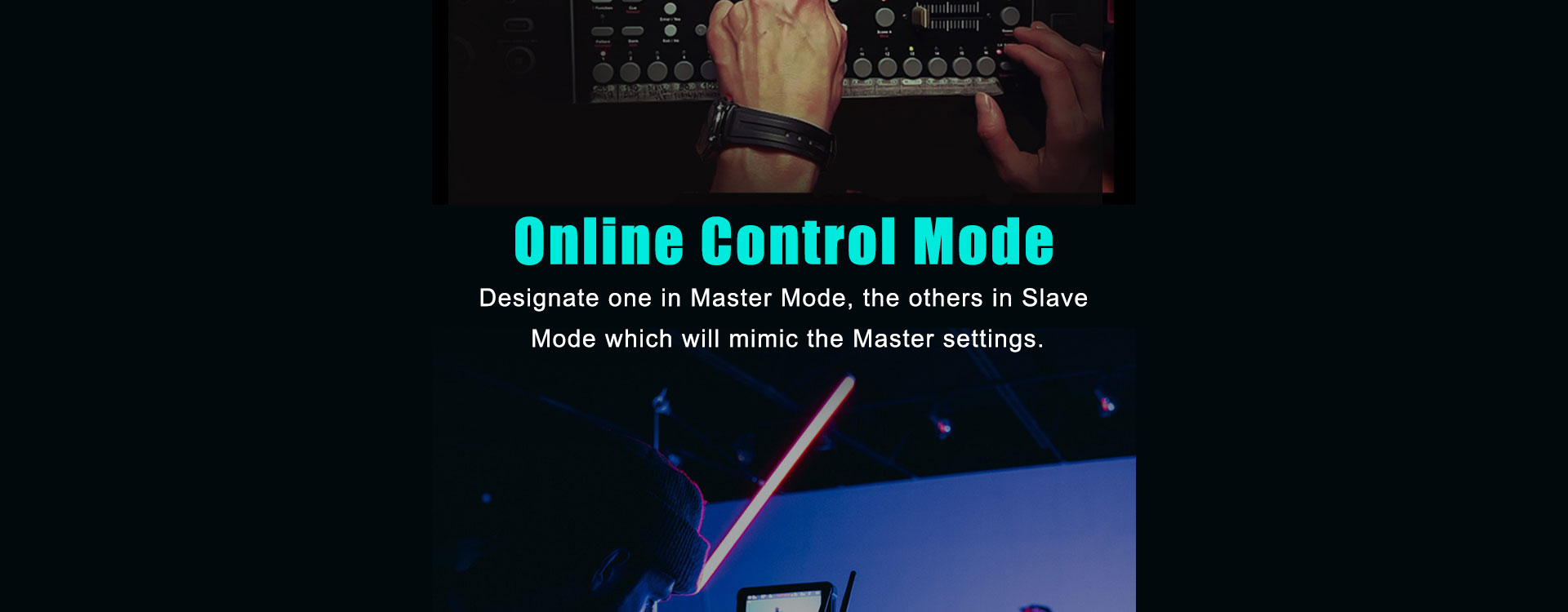 LUXCEO P120S RGB Full Color Video Light displays Online Control Mode, designating one unit as Master and others as Slave.