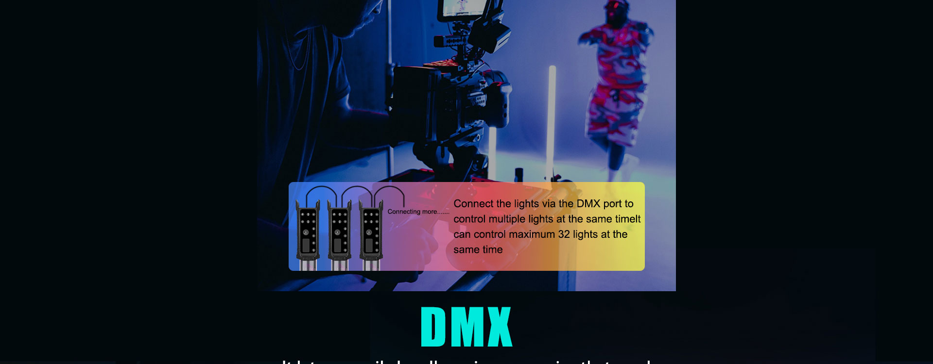 LUXCEO P120S RGB Full Color Video Light demonstrates DMX connectivity, showing how multiple lights can be connected to allow for controlling up to 32 lights at once.