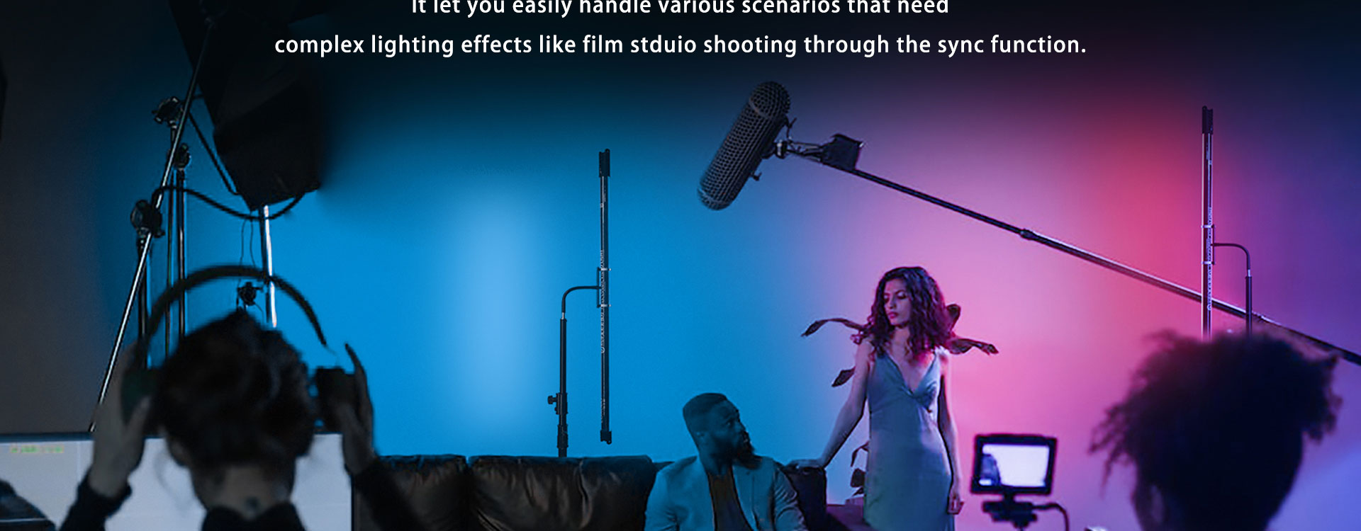 LUXCEO P120S RGB Full Color Video Light shown in a studio shooting scenario. 