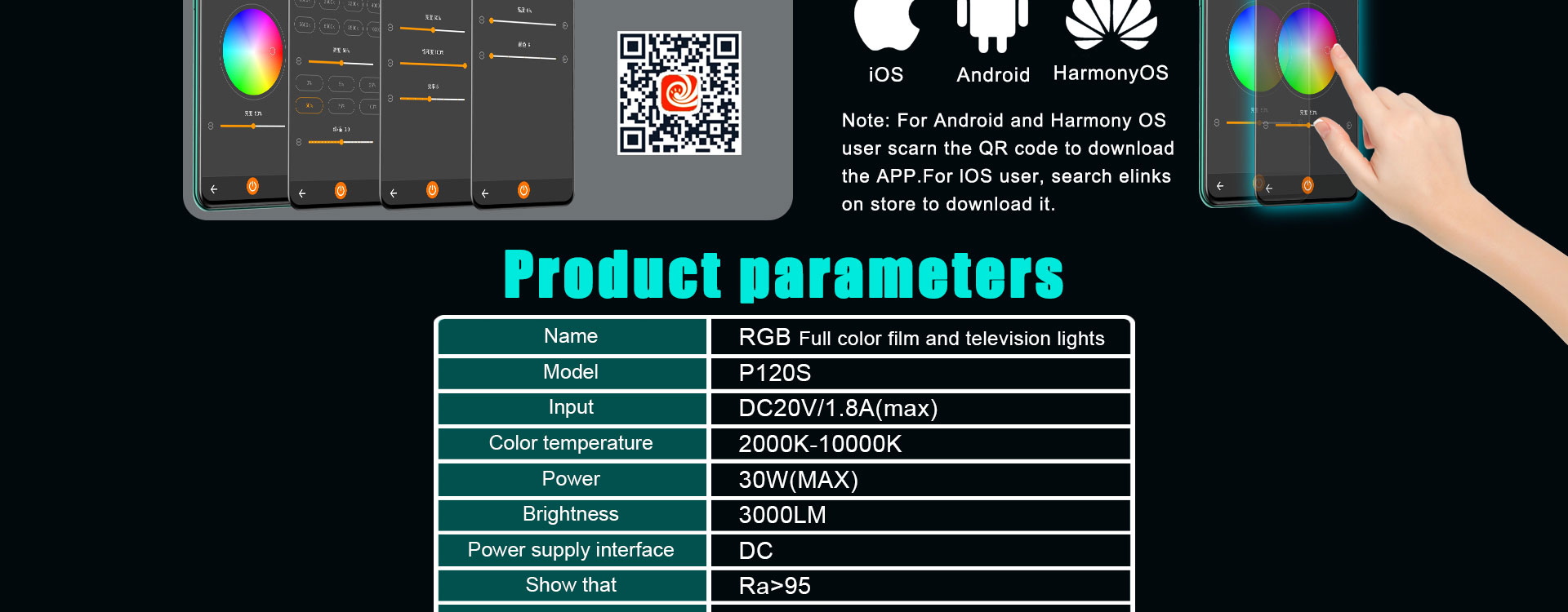 LUXCEO P120S RGB Full Color Video Light shows the product parameters. The light is also controlled with an APP to control lighting. 
