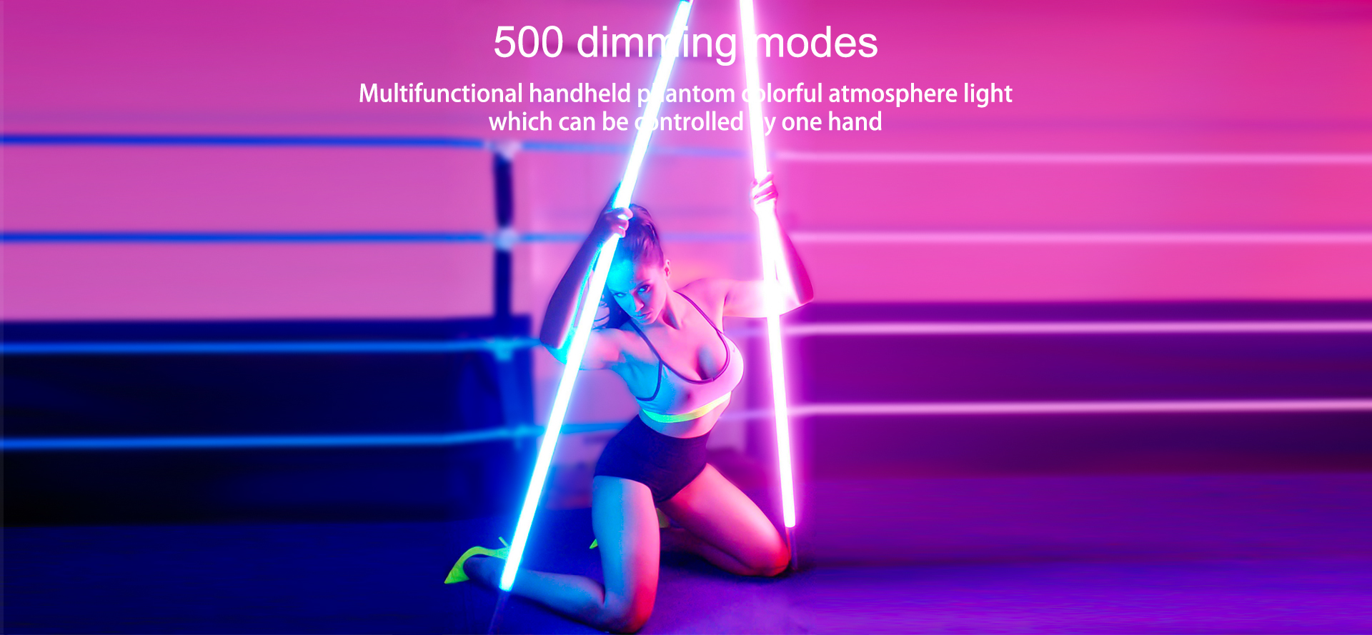 LUXCEO Mood 1 RGB LED atmosphere lights are shown by a woman with a fitness pose, displaying the ability to use over 500 dimming modes and one-handed control.