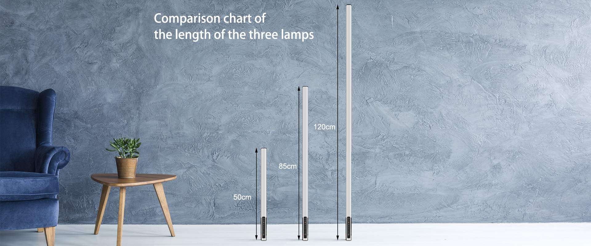 Comparison chart showing the lengths of the LUXCEO Mood 1 RGB LED Atmosphere Light in 50cm, 85cm, and 120cm.