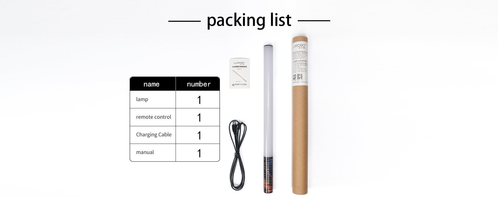 LUXCEO Mood 1 RGB LED Atmosphere Light packing list includes the lamp, remote control, charging cable, and manual.