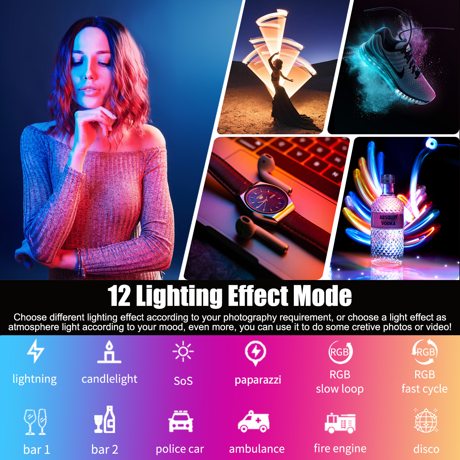 LUXCEO P400/P400S RGB Photography Light has 12 different lighting effect modes, such as lightning, candlelight, police car, and disco.