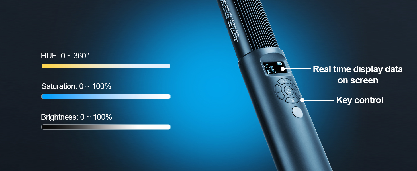 LUXCEO P400/P400S RGB Photography Light shows real-time display data on the screen, with key control for hue from 0-360 degrees, saturation from 0-100%, and brightness from 0-100%.