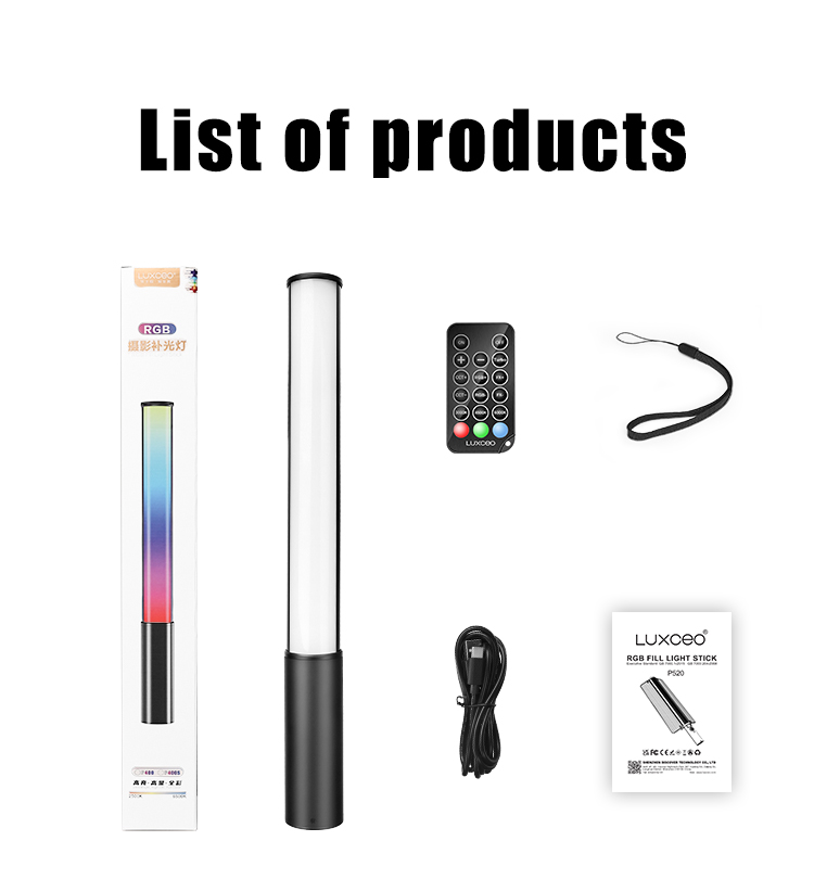 LUXCEO P400/P400S RGB Photography Light packing list includes the Light, Remote Control, Hanging Cord, Type-C Charging Cable, and a manual